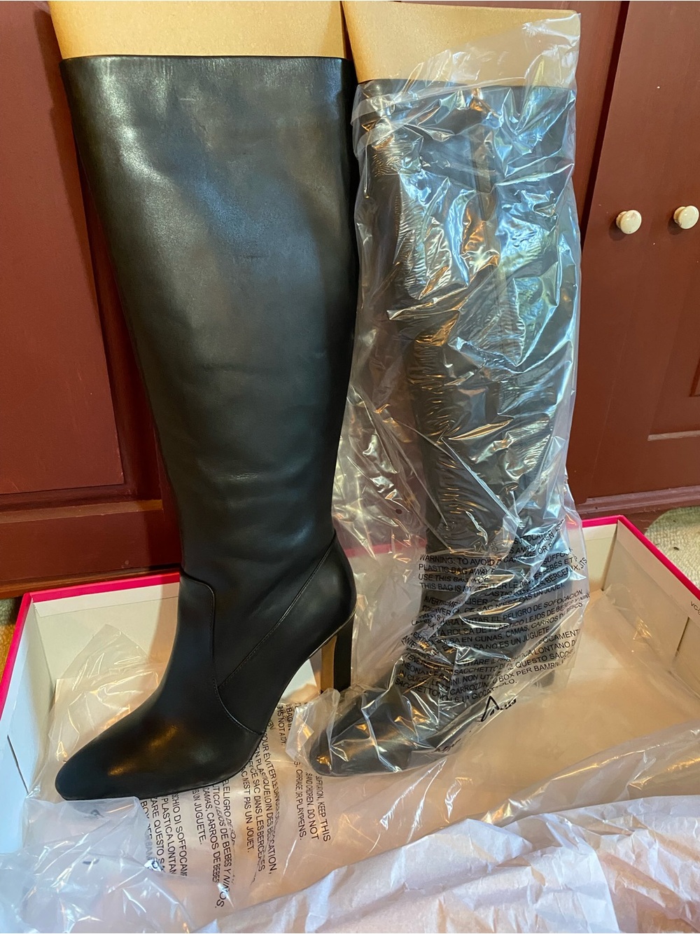 Vince Camuto Black Leather  Zip Heeled Tall Boot with Gold Accent